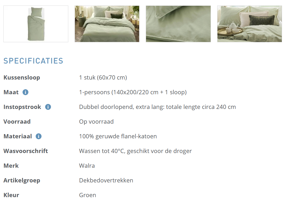 Productkenmerken op de website smulderstextiel.nl